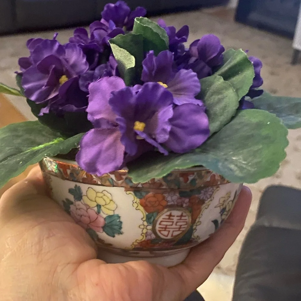 Artificial Purple African Violet in Hand Painted Ceramic Oriental Design Planter
